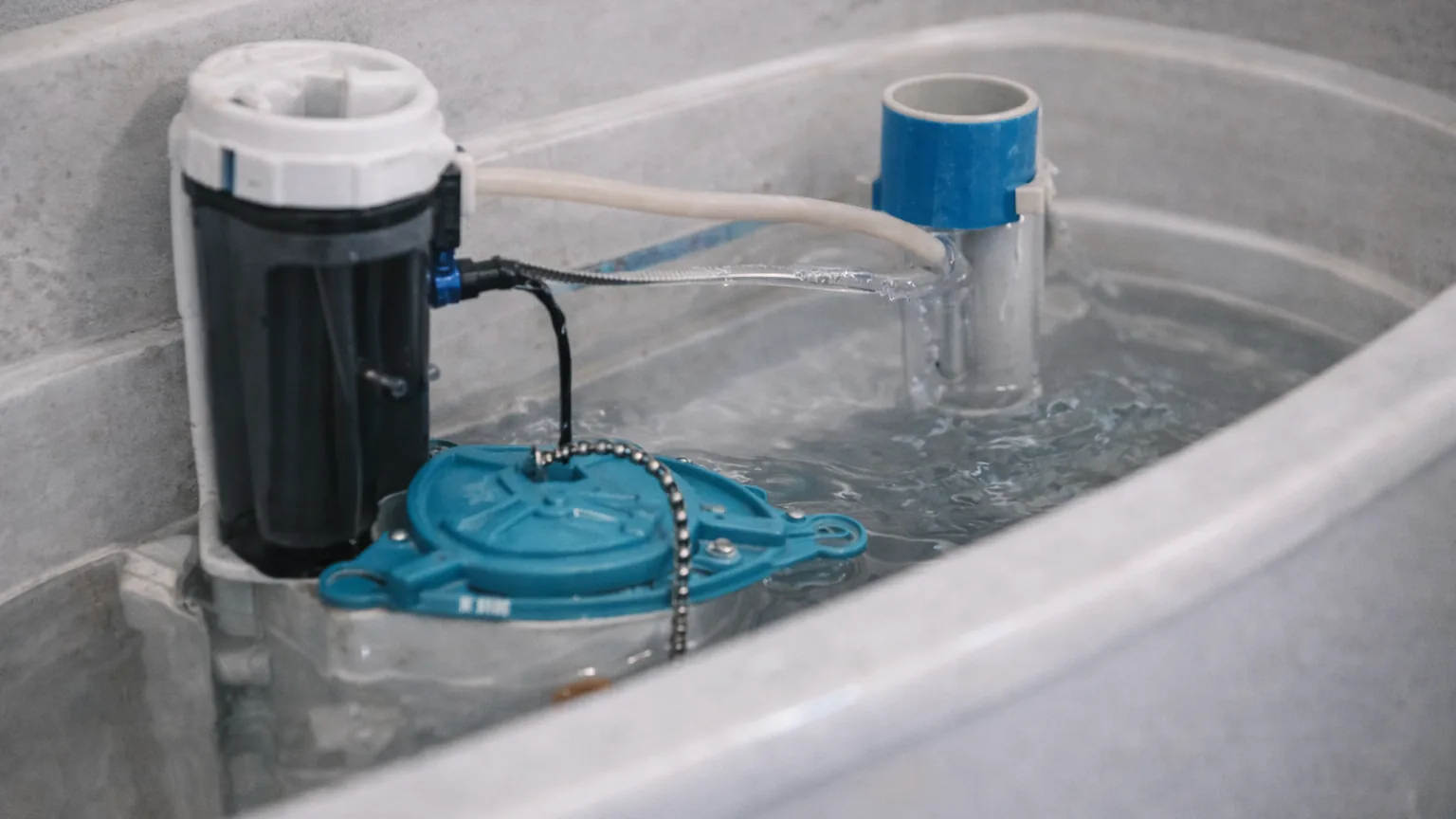 Illustration of a fill valve and flush parts inside a toilet tank