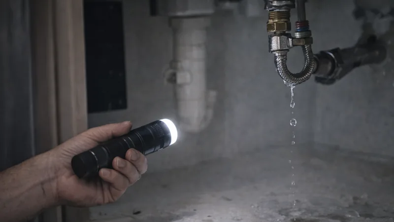 Illustration of a flashlight illuminating a dripping pipe beneath a sink