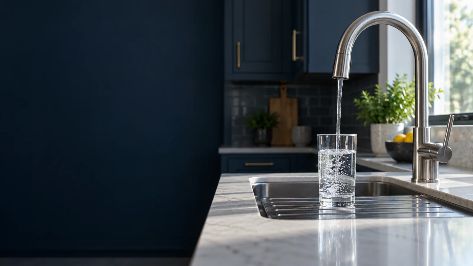 A glass of water beside a kitchen faucet