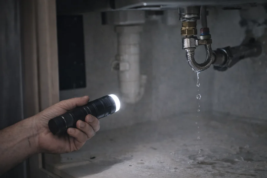 Checking plumbing under a sink with a flashlight