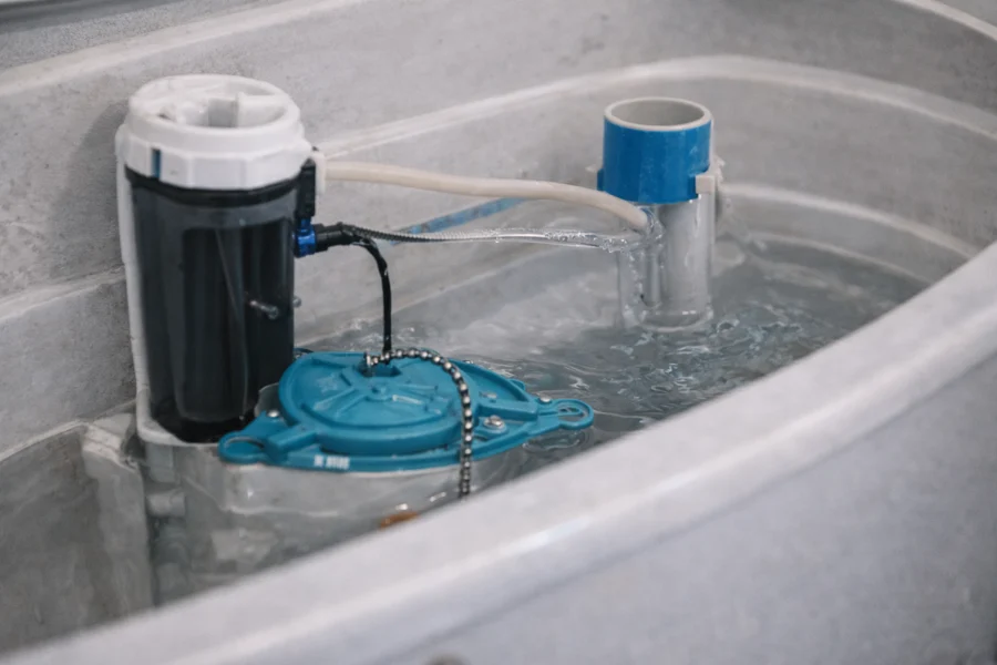 The fill valve and parts inside a toilet tank