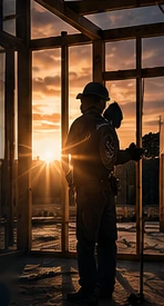 Illustrative construction scene with a builder at sunset