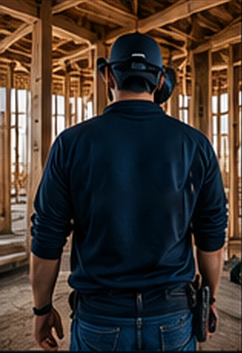 Illustrative team member in a plain navy work shirt