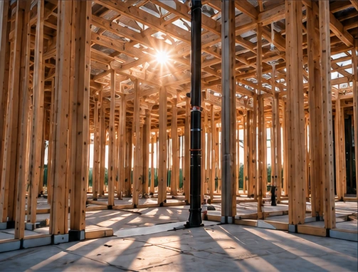 Sunlight through the framing of a new home, illustrative concept artwork