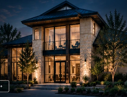 Modern home at dusk, illustrative concept artwork